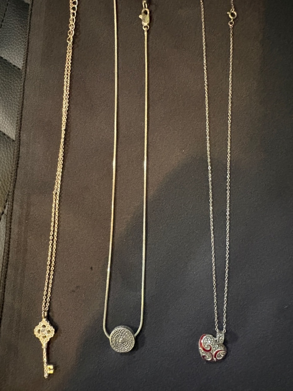 3 necklaces!  Pendant Necklace - Key, Round Disk, and Heart Trio